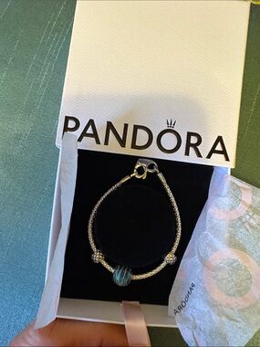 Pandora Silver Bracelet with Teal Blue Striped Murano Charm and heart clasp